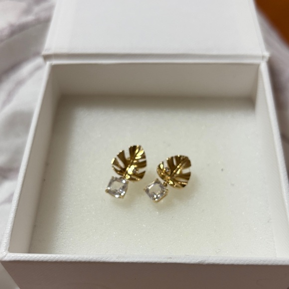 Gold Leaf Earrings with Crystal Accents - Picture 1 of 2